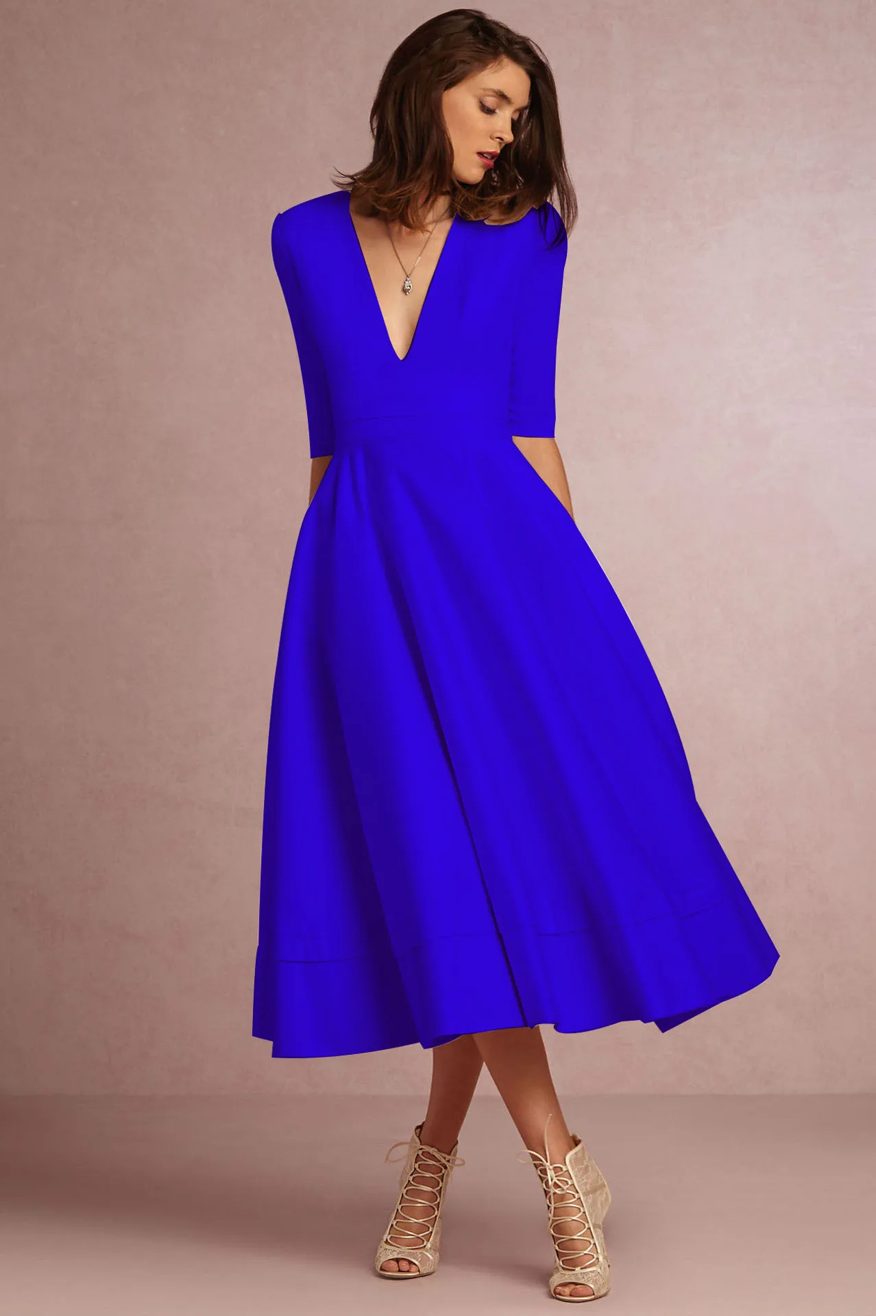 Новинка, 13 цветов, элегантное женское платье с глубоким v-образным вырезом и половинным рукавом, осенне-зимнее однотонное платье, тонкое сексуальное длинное женское платье с высокой талией - Цвет: Blue