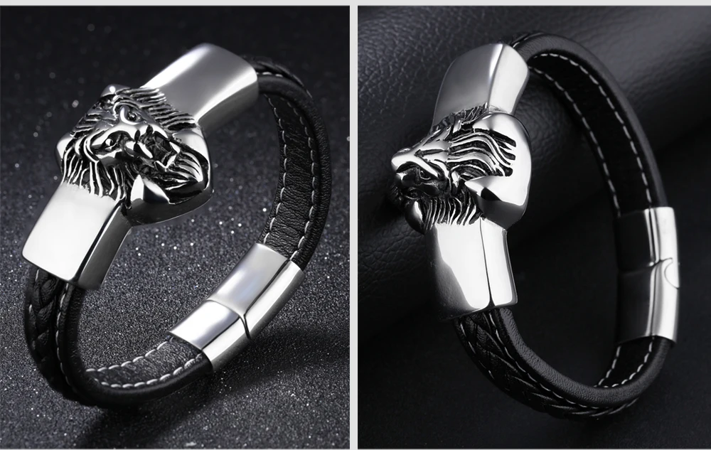 В европейском и американском стиле властная мужские кожаные браслеты из овечьей шкуры с изображением головы льва из нержавеющей стальной кожаный браслет 3-PH1136