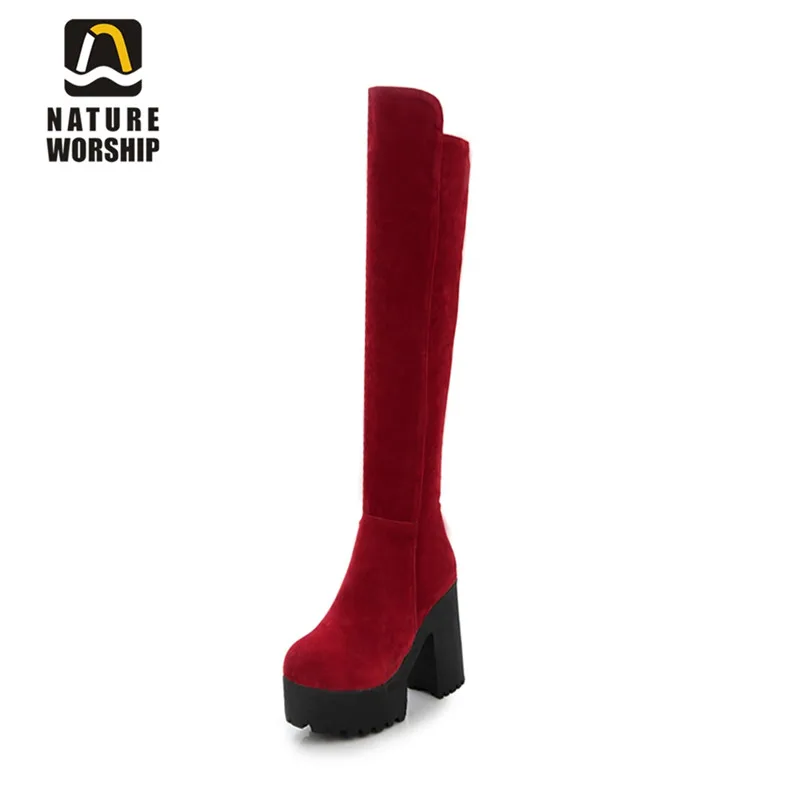 

Nature Worship New Fashion High Heels Shoes Women Over Knee Winter Boots Platform Square Heels Warm Boots Concise Shoes Big Size