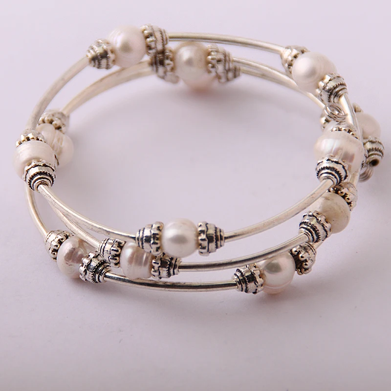 

Fashion Freshwater Pearl Warp Bracelet steel bracelet memory wire with pearls inlay & alloy receptacles