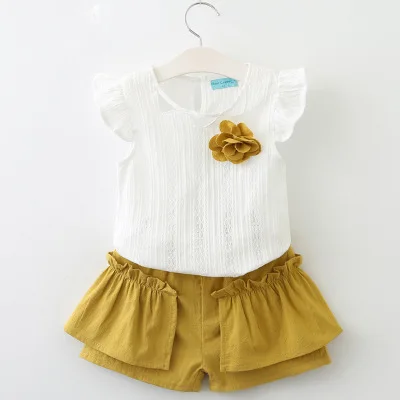 

2018 New Summer Girls Suit Vertical Striped Seersucker Flying Sleeve Shirt + Bow Waist Skirt Two Piece Suit