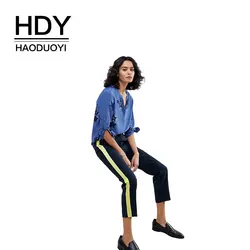 HDY Haoduoyi для женщин 2018 Новое поступление повседневное свободные звезды печати Синий Топы корректирующие с длинным рукавом V образным вырезо