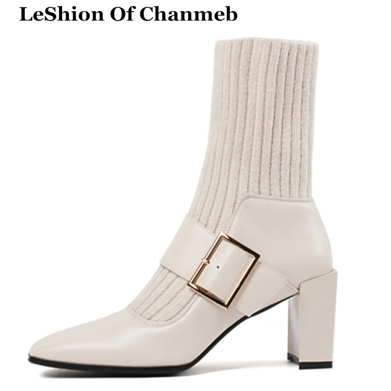 

genuine leather buckle strap mary janes shoes warm winter boots for women stretch knitting ankle boots ladies high heels booties