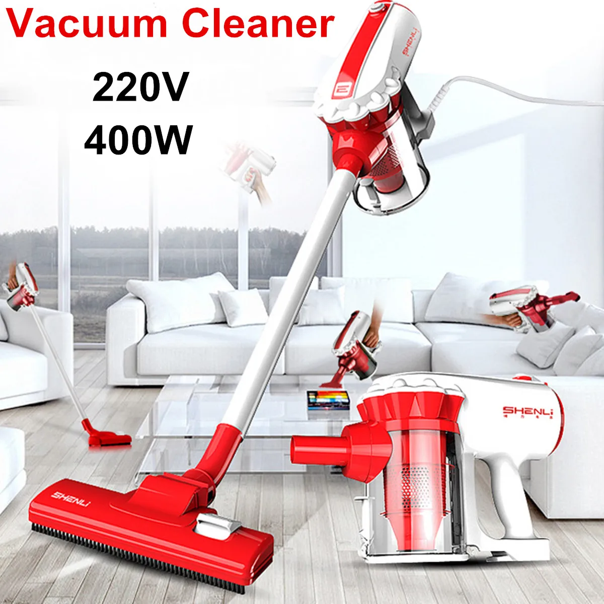 

400W 220V Handheld Bagless Handstick Vacuum Cleaner Vac Stick Floor Carpet Sofa Powerful 360 Rotate Interchangeable Roller Brush