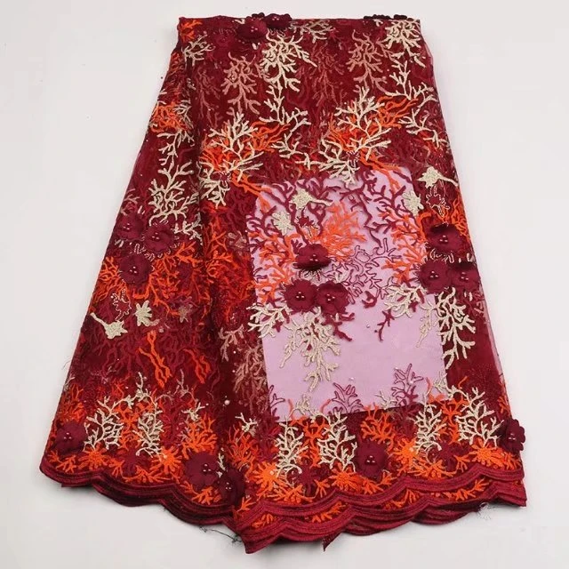 

New African guipure lace fabric net material Nigerian Embroidered Wine red color French tulle with stones beads for sewing