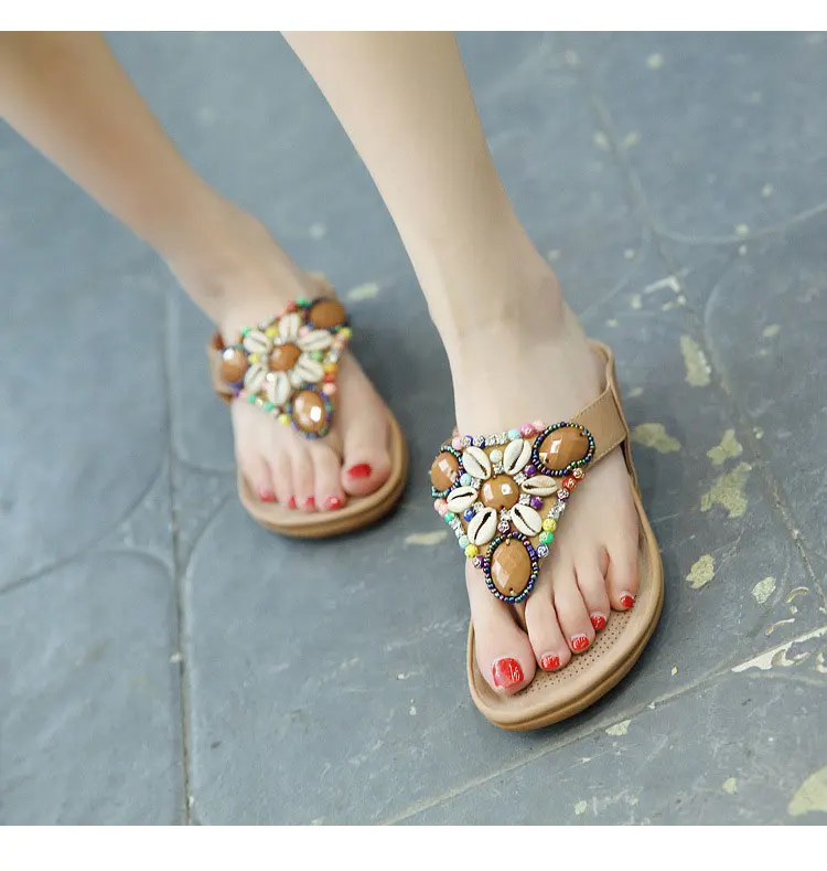 LAKESHI/Летняя обувь; женские пляжные сандалии; Вьетнамки в богемном стиле, украшенные цветами и стразами; женская обувь; повседневные сандалии на плоской подошве
