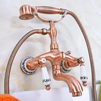 

Antique Red Copper Brass Dual Ceramic Handles Wall Mounted ClawFoot Bath Tub Faucet Mixer Tap With Hand Shower Spray mna314