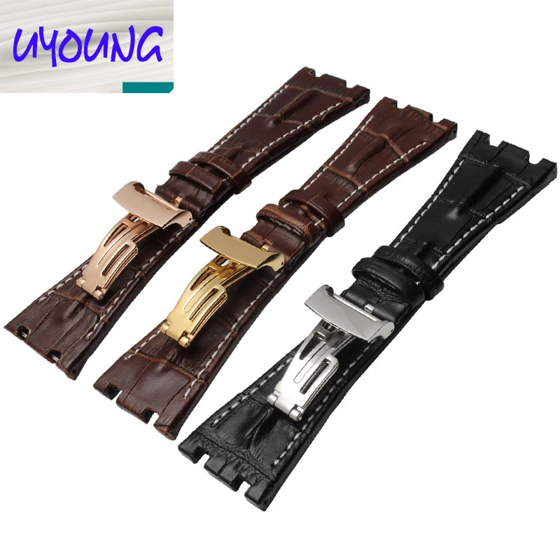 Watch band 28mm New Men High Quality Genuine Leather Watchbands Strap With Rose Gold Deployment Steel buckle Clasp | Наручные часы