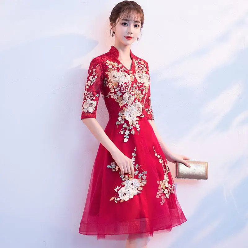 Бургундия формальное платье китайское женское коктейльное платье мини Вышивка цветок Vestido De Noche Elegante сетка Abendkleider - Цвет: Red 2