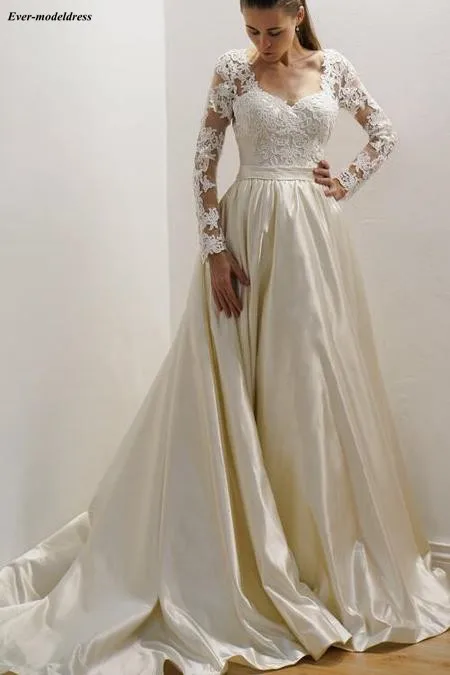 Винтажные, с длинными рукавами Свадебные платья 2019 V-образным вырезом кружево аппликации развертки поезд атласная-line Свадебные платья
