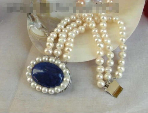 

Free shipping >>>>>>genuine!3rows Natural White Pearl Bracelet Lapis Clasp
