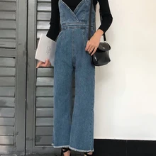 Джинсы на тонких лямках новые весенние корейские женские свободные комбинезон на бретелях широкие брюки комбинезоны
