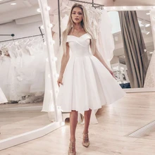 

Cheap Satin Short Wedding Dress Bridal Gowns Simple Off the Shoulder Ruched A-line Wedding Dresses Robe De Mariage