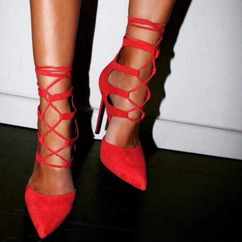 REAVE CAT/ г. Новая обувь женские туфли-лодочки женская обувь на высоком каблуке Женская обувь из флока на тонком каблуке с перекрестной шнуровкой, большие размеры 35-47, с острым носком, A1809 - Цвет: Red
