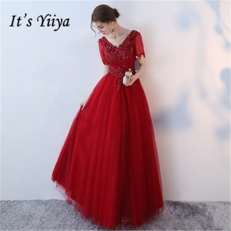 

It's YiiYa Wine Red V-Neck Short Sleeve Backless Lace Up Appliques Dinner Party Formal Dress Floor Length Evening Dress LX450