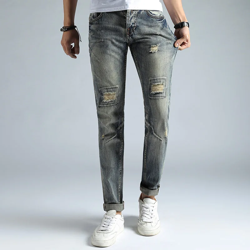 Fashion Ripped Jeans For Men Retro Distressed Patchwork Bootcut Mens Jeans Casual Small Feet Denim Jeans Mj017