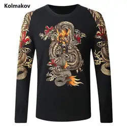 Kolmakov Новинка 2017 Осень китайский стиль мужчин Дракон печати вязаный свитер, мужские О-образным вырезом повседневные шерстяной свитер