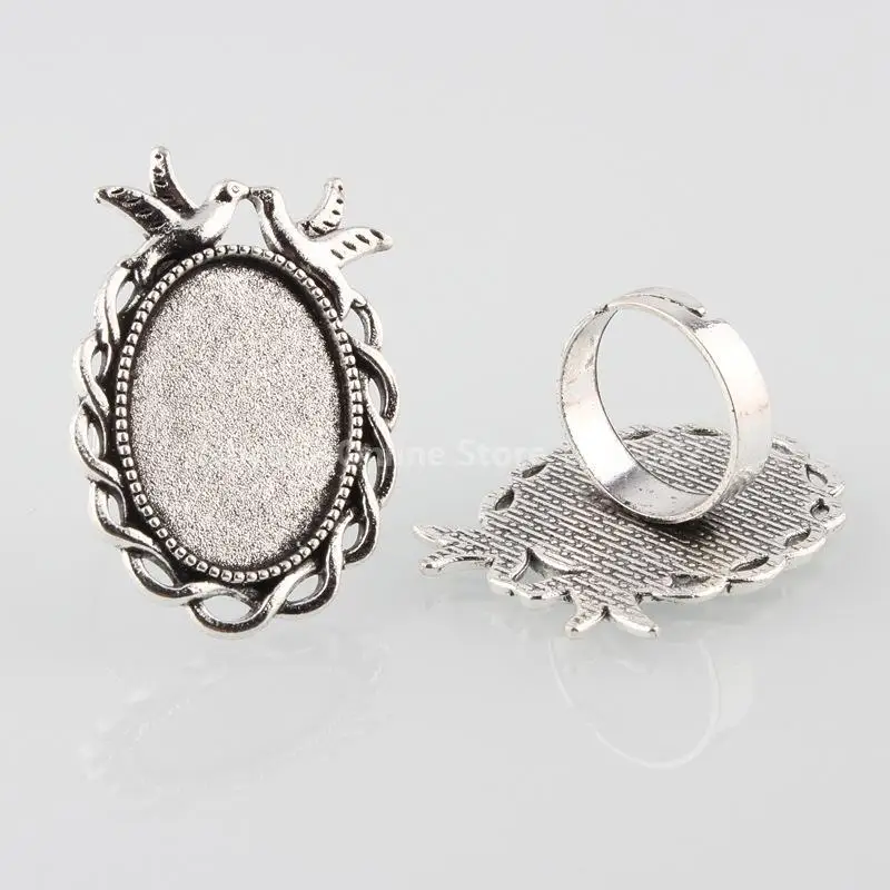 Vintage Adjustable Iron Finger Ring Components Alloy Double Kissing Birds Cabochon Bezel Settings, Antique Silver, Oval Tray: