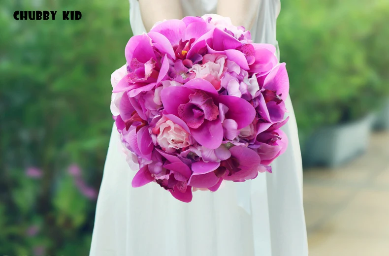 Высокая-конец Новый фаленопсис искусственный невесты букет розово-красный и фиолетовый с цветами в руках невесты Фиолетовый Свадебный