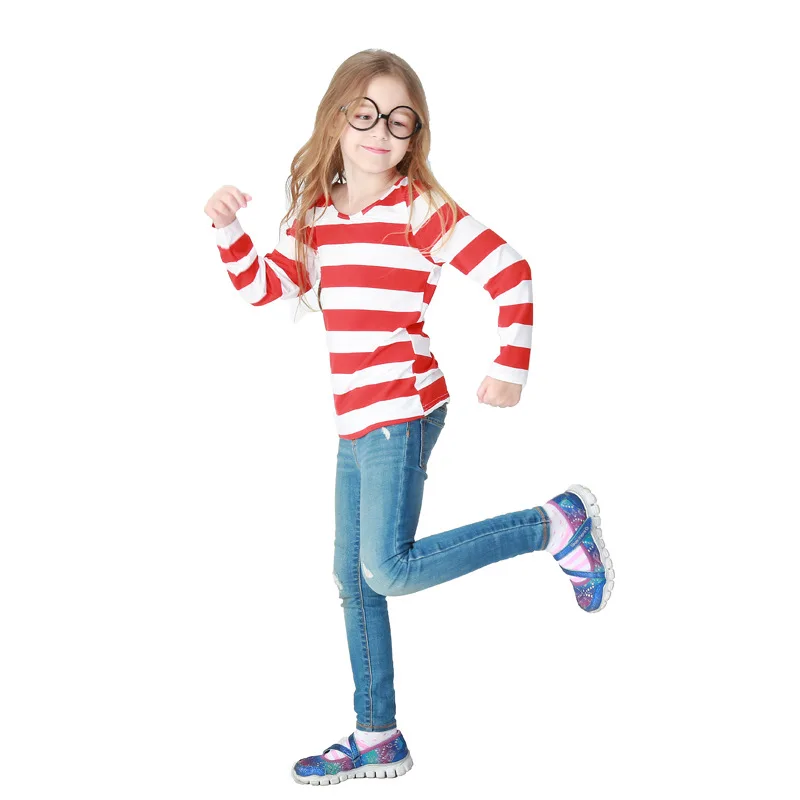 Chlid Wally Waldo/костюм для мальчиков косплея рубашка в белую и красную полоску девочек