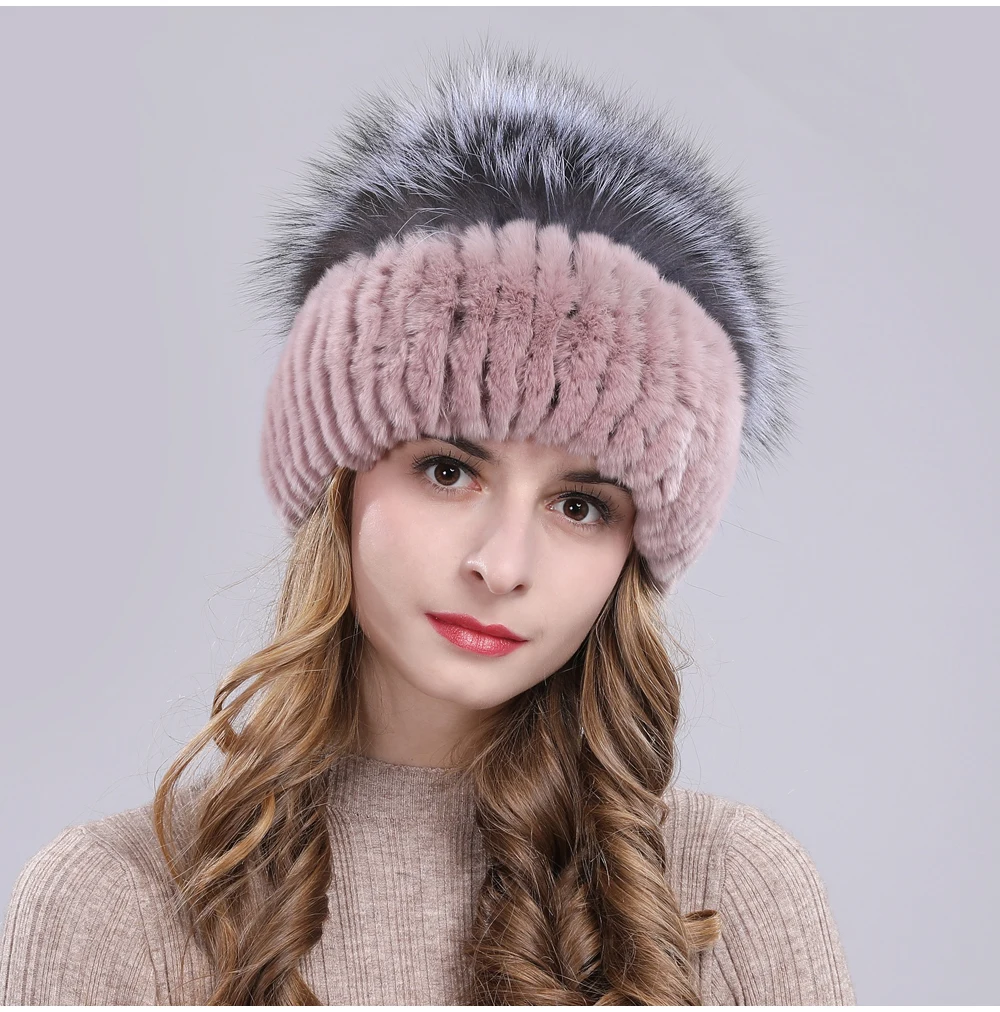 Outdoor Women Warm Soft Genuine Rex Rabbit Fur Hat Knitted Natural Real Sliver Fox Fur Caps Winter Real Rabbit Fur Beanies Hats