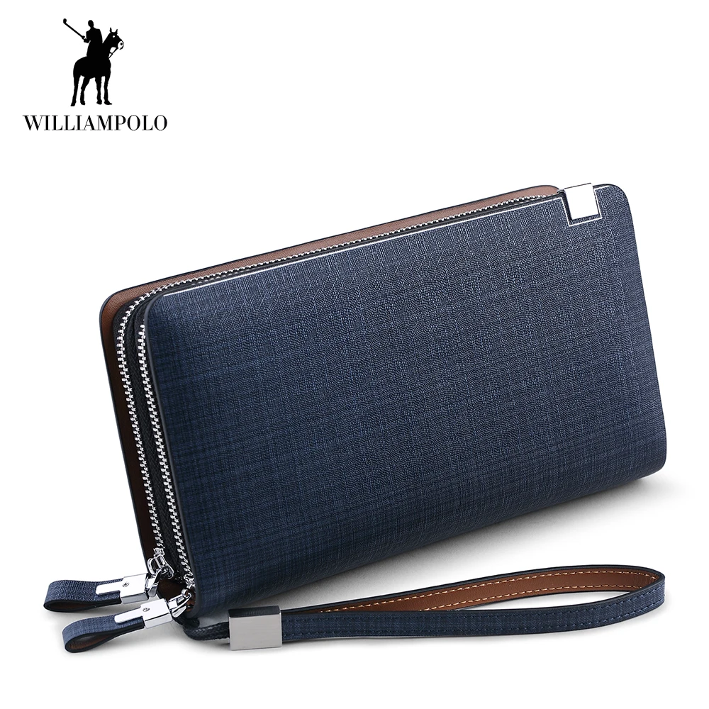 

WILLIAMPOLO Men Wallet Luxury Brand Genuine Leather double zippers Wallets Clutch bag Coin Pocket Phone Purse Long Wallets