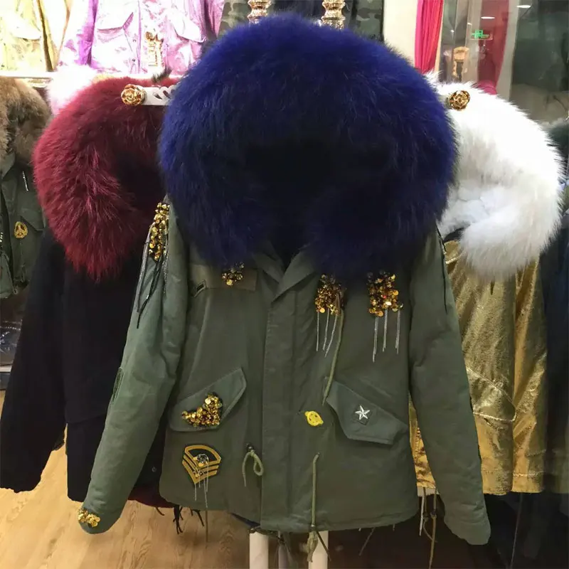 New Design Fashion Beading Style Army Green Jacket with Dark Blue Fur Coat New Design Fashion Beading Style Army Green Jacket with Dark Blue Fur Coat