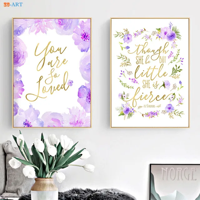 Canvas Painting Purple Nursery Floral Poster Quotes Prints Wall Art
