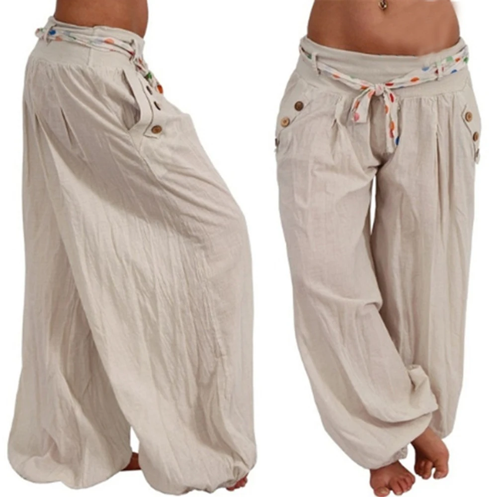 CALOFE NEW FASHION Pants Women Solid Low Waist Boho Pants Baggy Wide Leg Casual Loose Summer Trousers Free Shipping