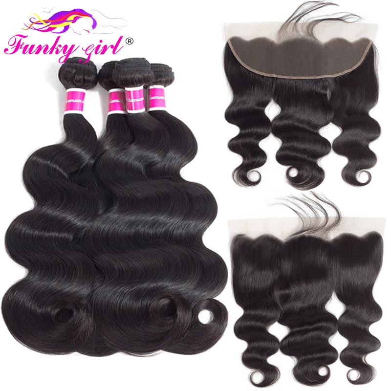 

Funky Girl 3/4 bundles with frontal Peruvian Body Wave Human Hair Lace Frontal Closure With Bundles Non Remy Frontal With Bundle