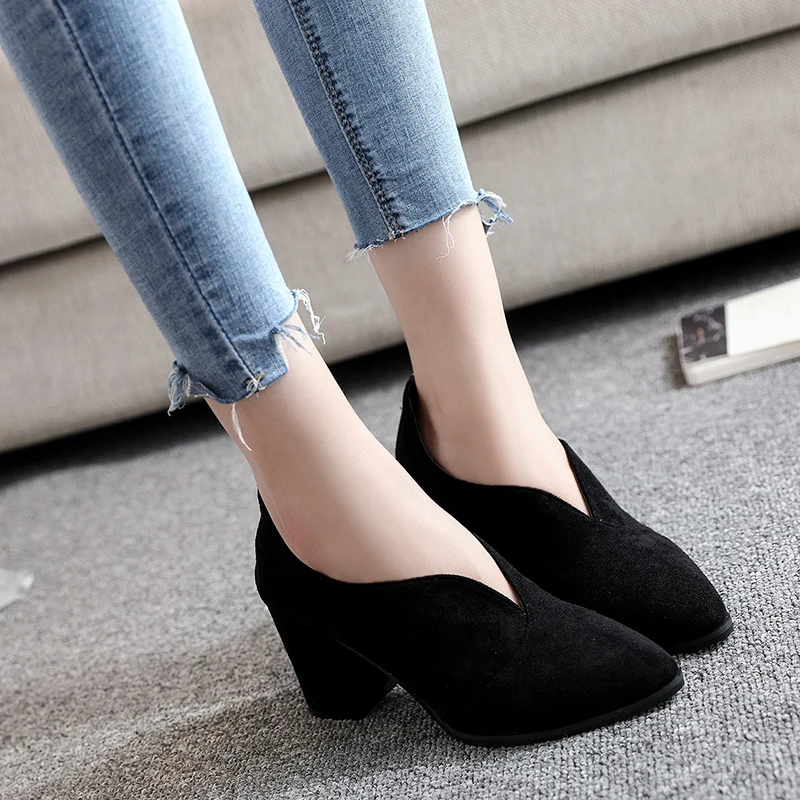 

EOEODOIT Casual Daily Shoes Women High Square Heel Pointy Toe Slip On Pumps Spring Summer V Mouth Heels Shoes