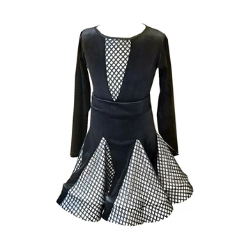 

Classic Girls Latin Dress Black Velvet Mesh Stitching Ballroom Cha Cha Tango Performance Dance Wear Kids Practice Outfit DC1476