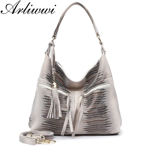 Bolsos com Zíper Couro de Vaca Bolsas de Ombro para o Sexo Brilhante em Relevo Arliwwi Multi Genuíno Camurça Grandes Feminino Grande Espaçoso Tote Bolsas