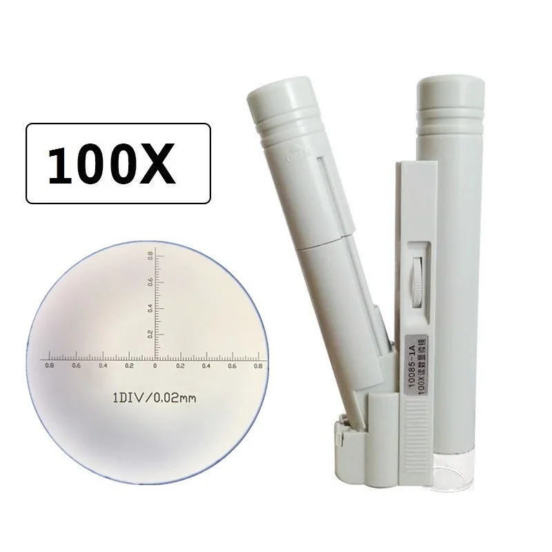 

40X 80X 100X Pocket Microscope Mini Magnifier Loupe with Reading Scale and LED Illuminator White Color Focus Adjustable