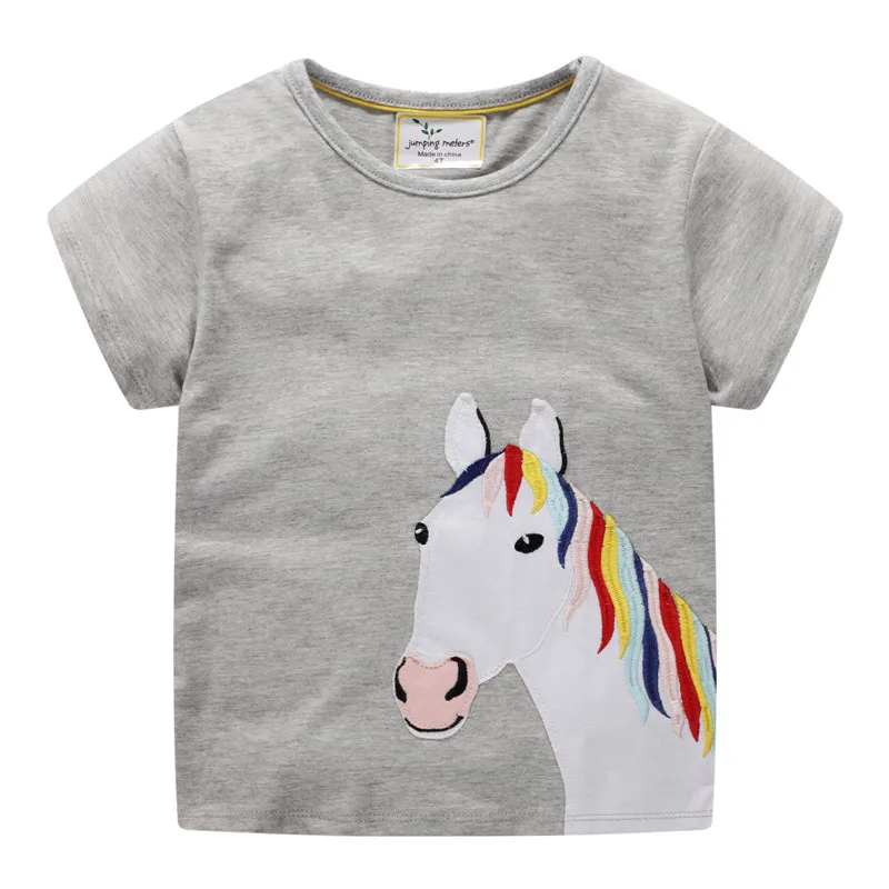 Jumping meter/футболка для девочек с аппликацией лошади; рубашка для девочек; летняя одежда для малышей; Детские футболки с героями мультфильмов; детская одежда; короткая футболка; 19 - Цвет: T6379 GREY horse