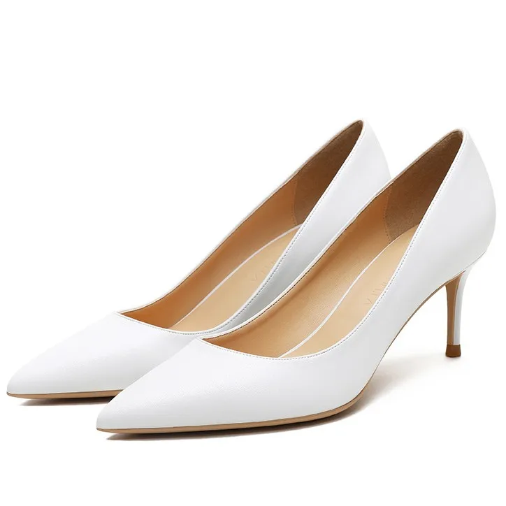 

2020 Genuine Leather Shoes White Women Pumps Pointed Toe High Quality Spring Summer Office Lady Dress Shoes F0050