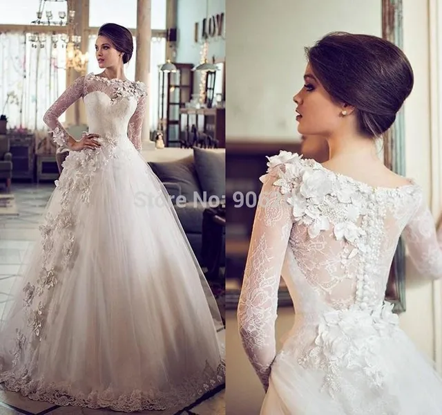 Custom Vintage Ball Gown Wedding Dress Sheer High Neck Lace Full Custom Vintage Ball Gown Wedding Dress Sheer High Neck Lace Full Sleeve 2017 Flowers