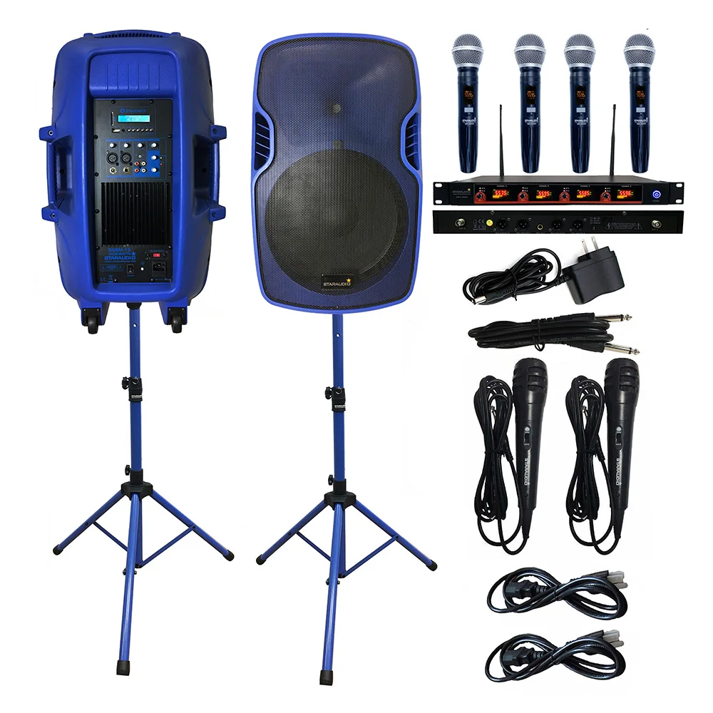 

STARAUDIO Dual 3500W 15" Audio Powered DJ Stage Speakers PA Stands Wired Mics 4CH UHF Wireless IR Handheld Microphone SSBM-15