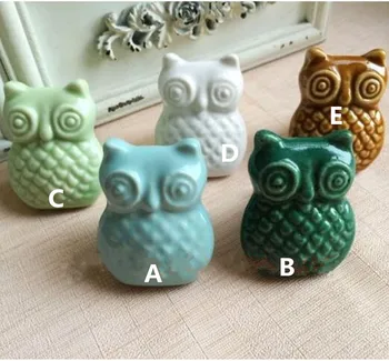 

creative cartoon owl ceramic knobs blue green white coffee porcelain kitchen cabinet dresser door handles knobs vintage bronze