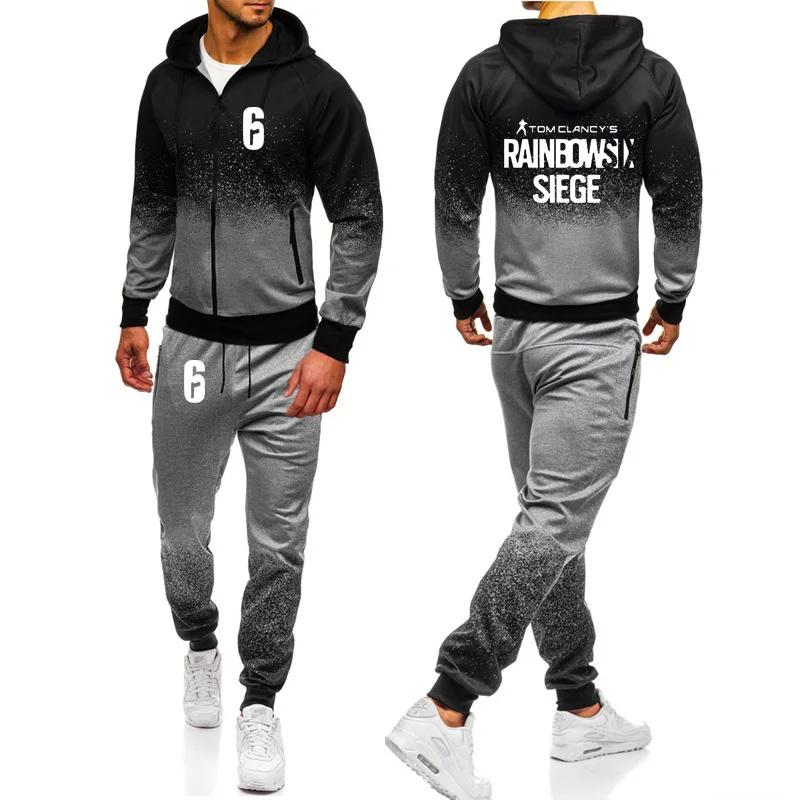 Rainbow six siege Sweatshirt Gradient Hoodies Men Zipper Jacket Mens Hoodie HipHop Harajuku Male Sweatshirt Sweatpants Suit 2pcs - Color: 02