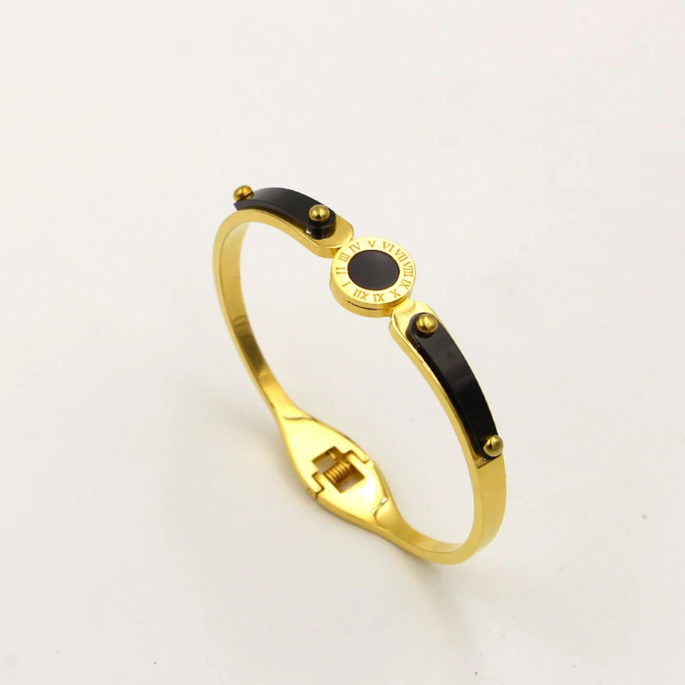 

Stainless Steel Black Slice Four Rivets Roman Numerals Bracelet Bangle