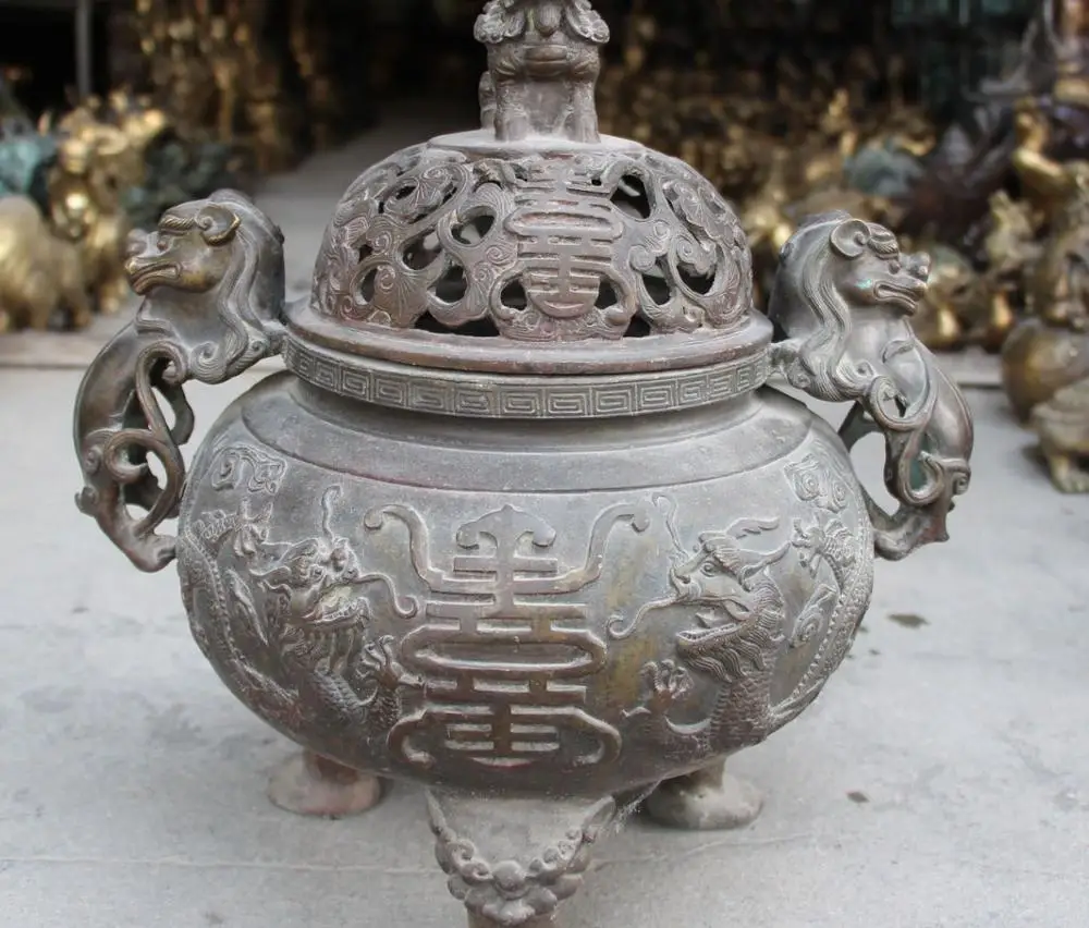 

free shipping Bronze Hollow Pixiu Kylin Lion Dragon 3 Foot Incense Burner Censer Incensory