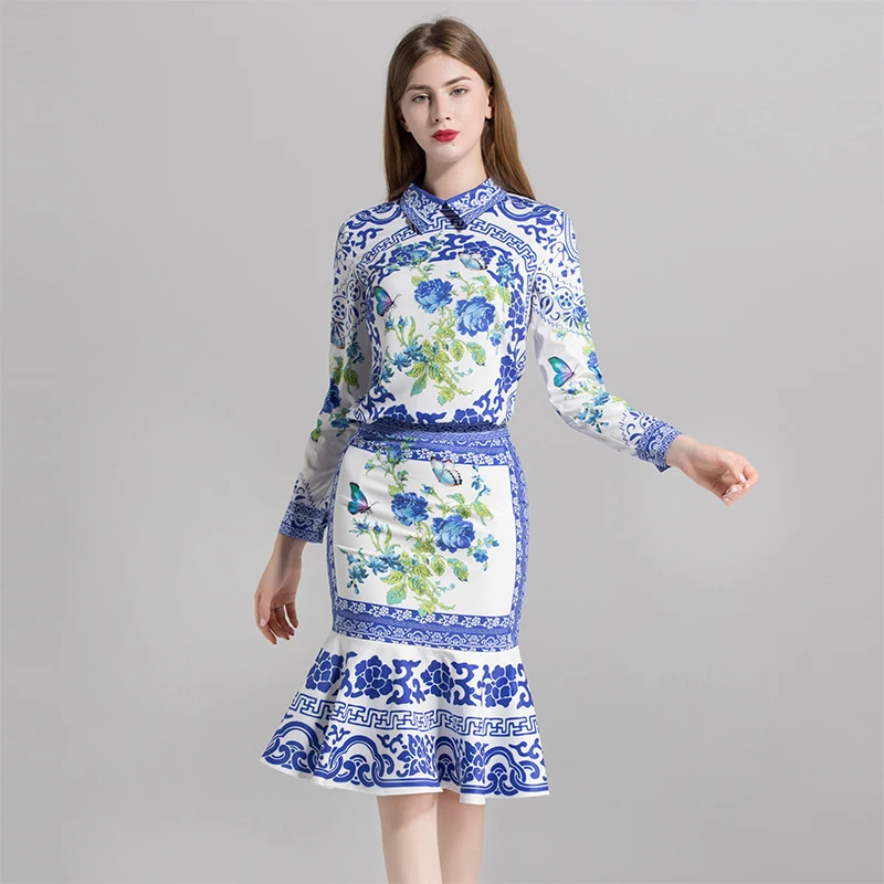 Turn down Sirène Bleu Hot Longueur À Genou Jupes De 2018 Ensembles Chemises Col Automne Costumes Haute Mode D'impression Femmes Qualité TvnzqwPIx