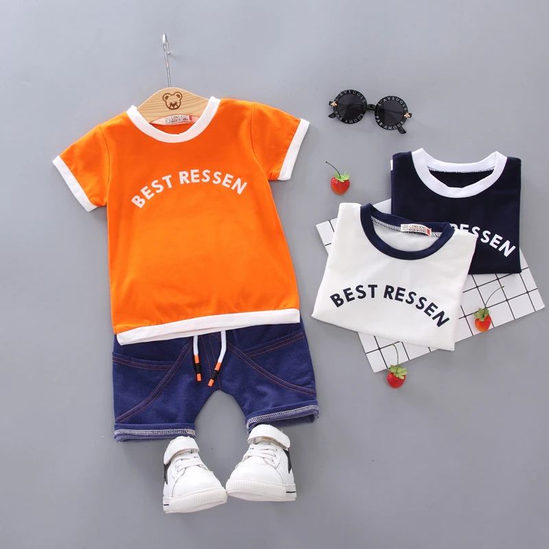 Новая летняя одежда для маленьких мальчиков для новорожденных, детская одежда с героями мультфильмов, Детская Хлопковая футболка с изображением смайлика и шорты 2 шт./компл. модные костюмы - Цвет: XH zimuS Orange