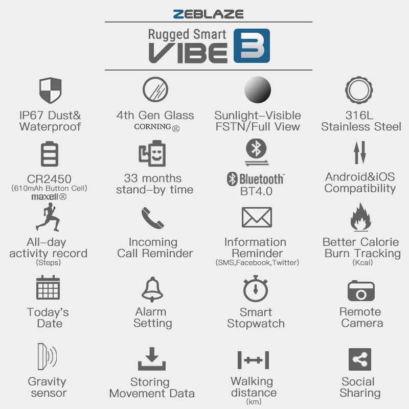  New Zeblaze VIBE 3 Flagship Rugged Smartwatch 33-month Standby Time 24h All-Weather Monitoring Smar - 32834605578