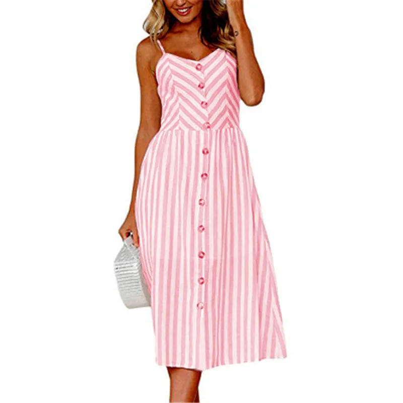 Dresses Of The Big Size Casual Striped Vestidos Largos Mujer Button Spaghetti Strap Jumper Party