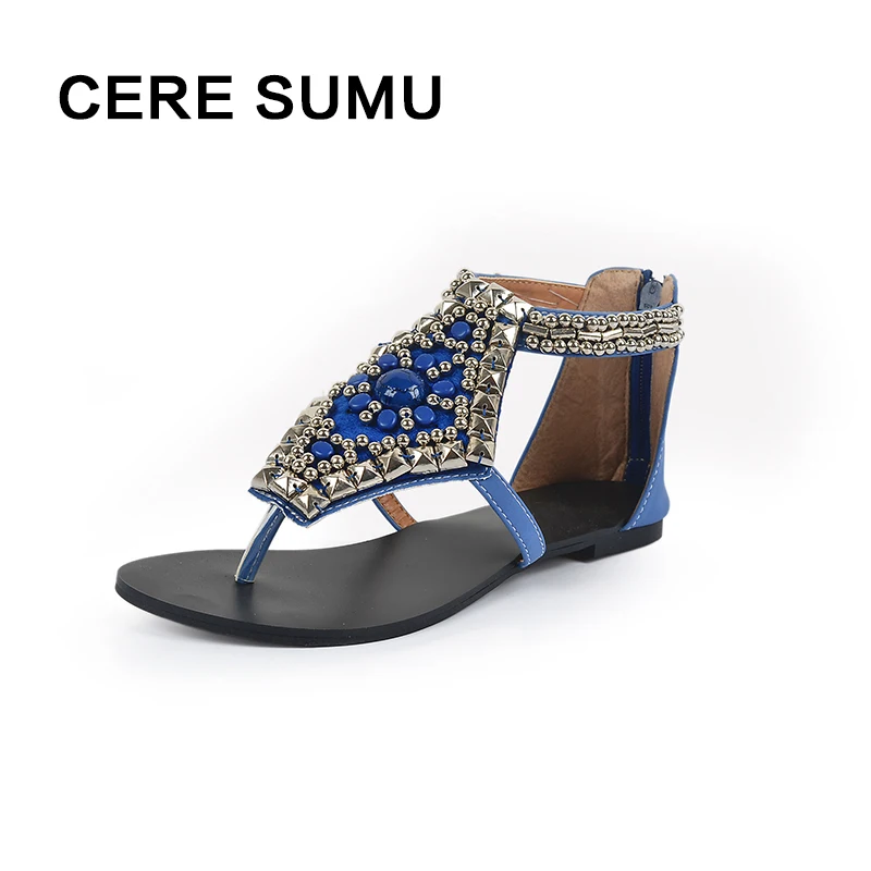 

2018 Female Spring Summer Bohemian Beading PU Leather Rome Ethnic Ankle Gladiator Wedges Zip Flip flops Sandals Shoes Women