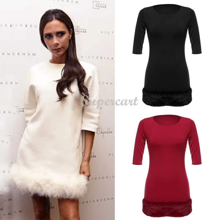 New Winter Dress Ladies Women Faux Fur Trim Half Sleeve Shift Float Bodycon Dress 3 Color M/L/XL