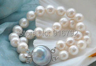 

free P&P > P3717 2row 8" 12mm white round white PEARL bracelet mabe