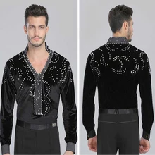 Новые стильные мужские туфли для латинских танцев костюмы спандекс с длинным рукавом Мужская латинский танец Топ для мужские конкурс латиноамериканских танцев Куртки